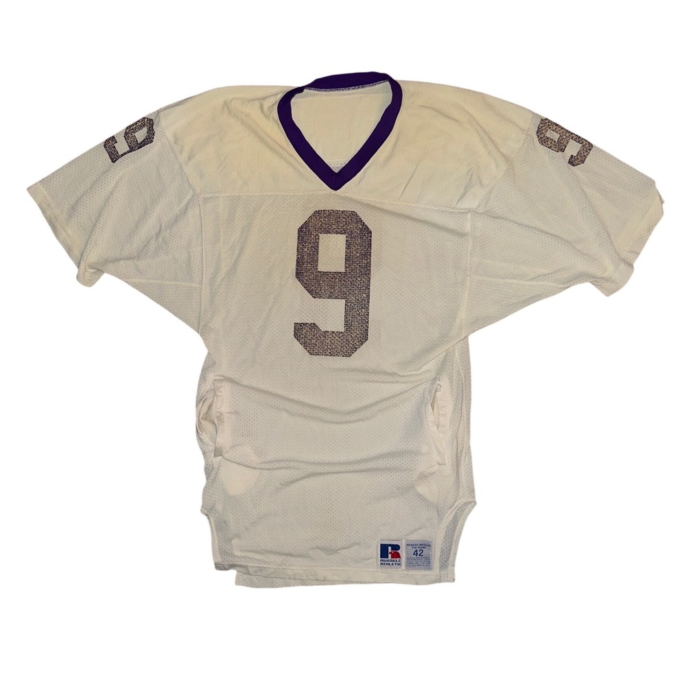 Vintage Russell Athletic Football Jersey Mesh White Purple Number 9 USA Size 42